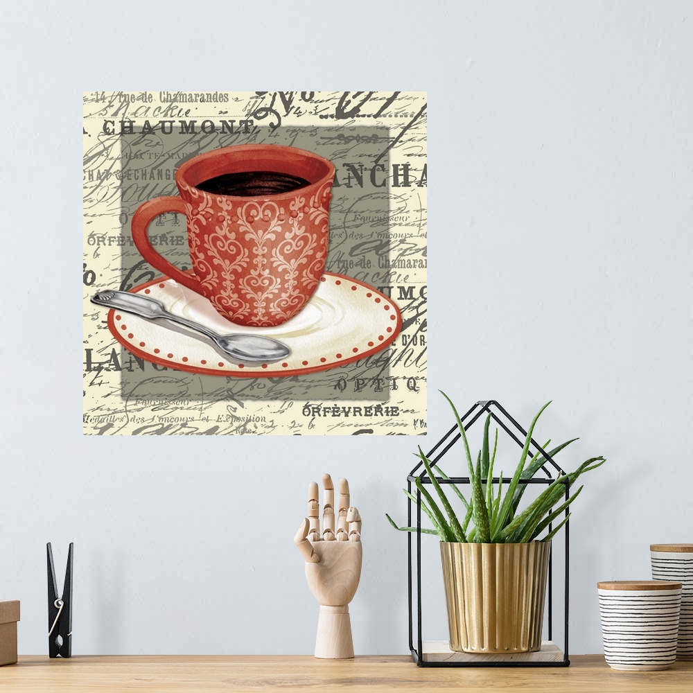 A bohemian room featuring Mixed media panel with a red cup of coffee with a saucer and spoon on vintage text and handwriting.