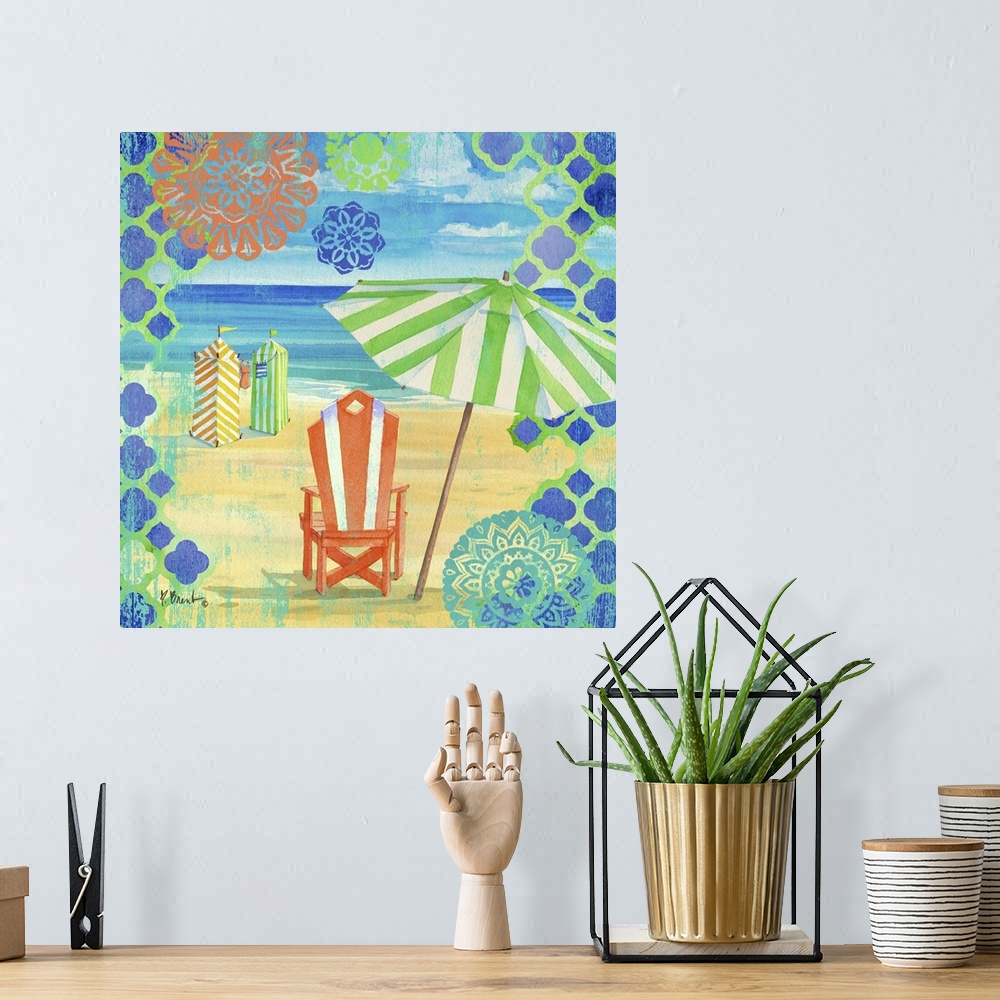 A bohemian room featuring Watercolor painting of a peaceful ocean scene with striped umbrellas and beach chairs in the sand.