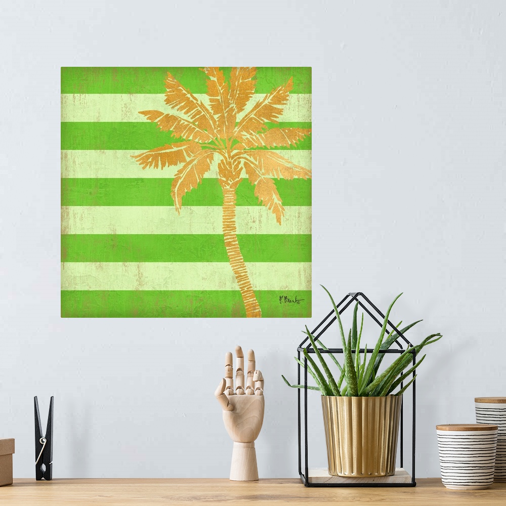 A bohemian room featuring Square decor with a metallic gold palm tree on a bright green striped background.
