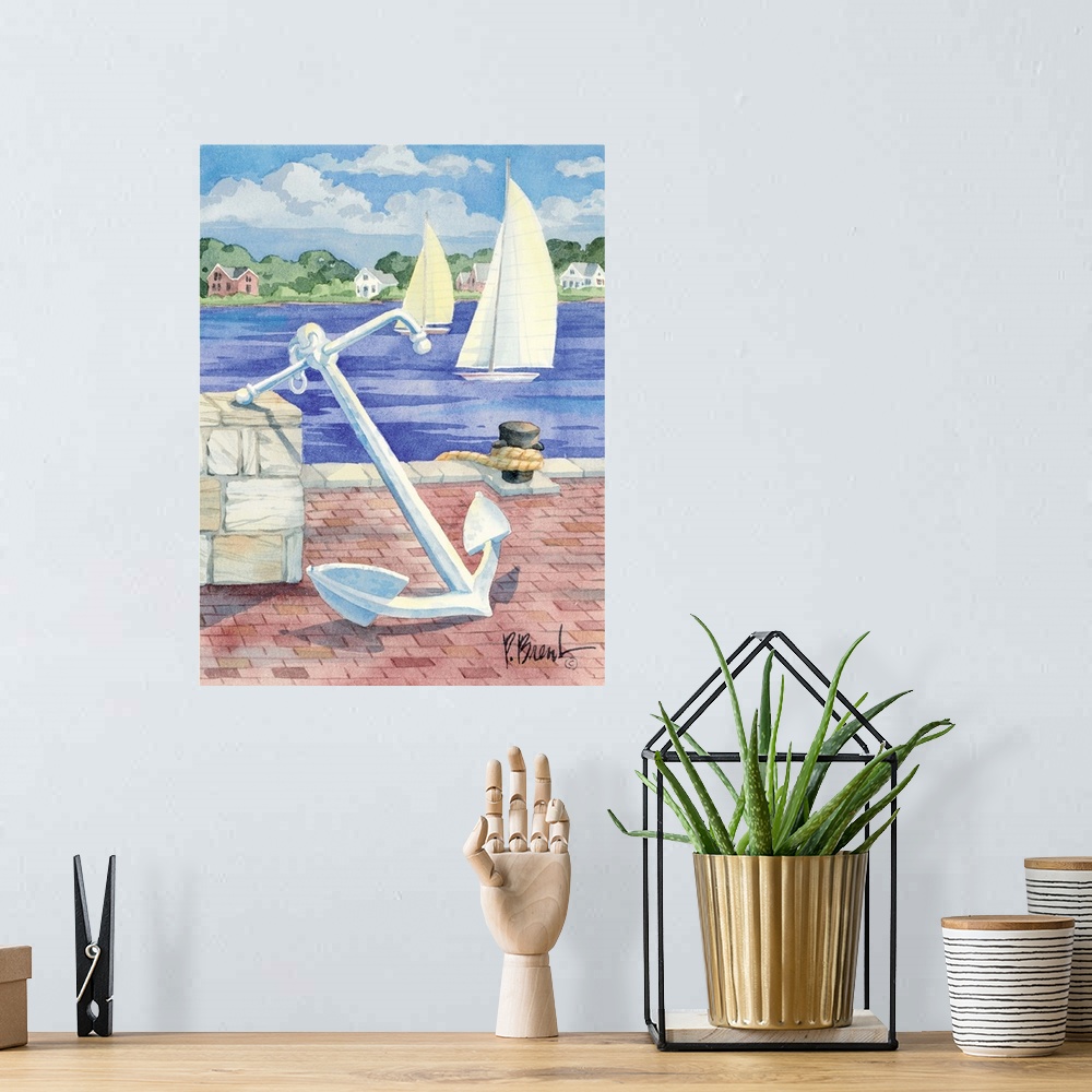 A bohemian room featuring Watercolor painting of a large white anchor on a brick-paved pier, with two sailboats in the dist...
