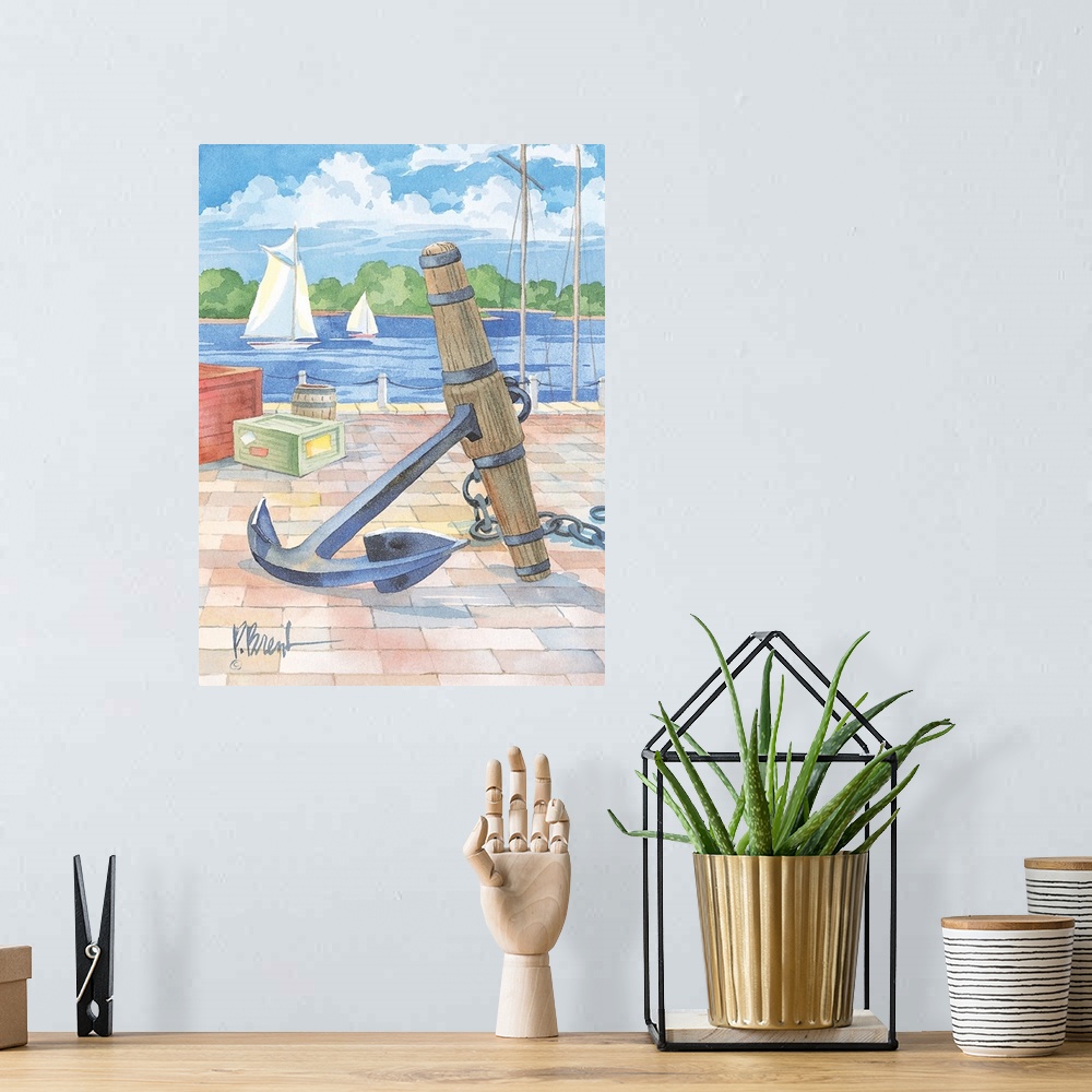 A bohemian room featuring Watercolor painting of a large iron anchor on a brick-paved pier, with two sailboats in the dista...