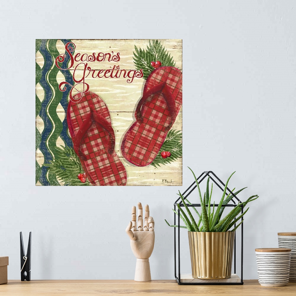 A bohemian room featuring A pair of plaid-patterned holiday flip-flops decorated with holly and the words "Season's Greetin...