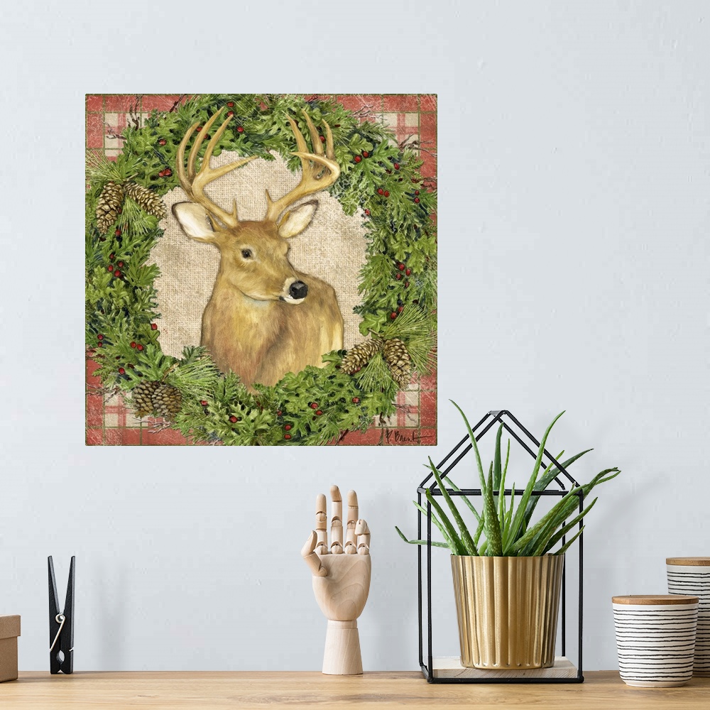 A bohemian room featuring Portrait of a deer inside a seasonal wreath.