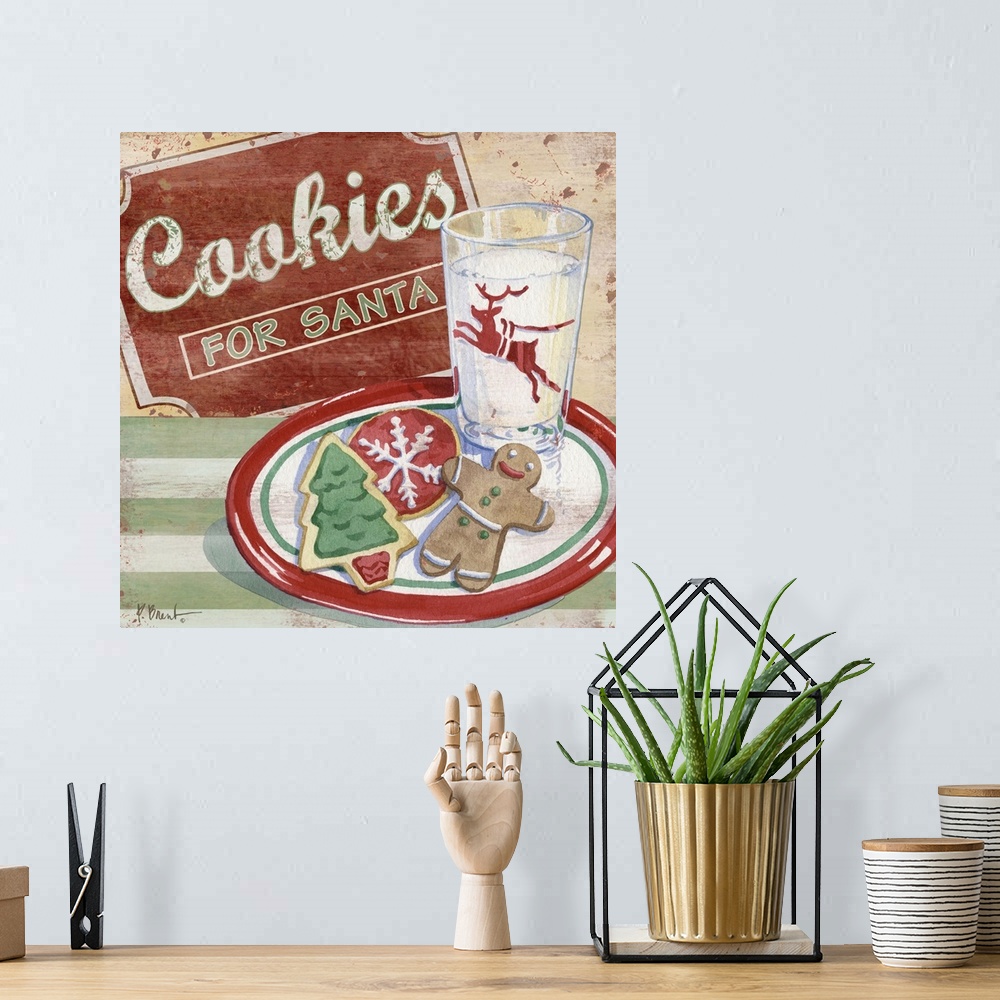 A bohemian room featuring Festive artwork featuring sugar cookies and a glass of milk.