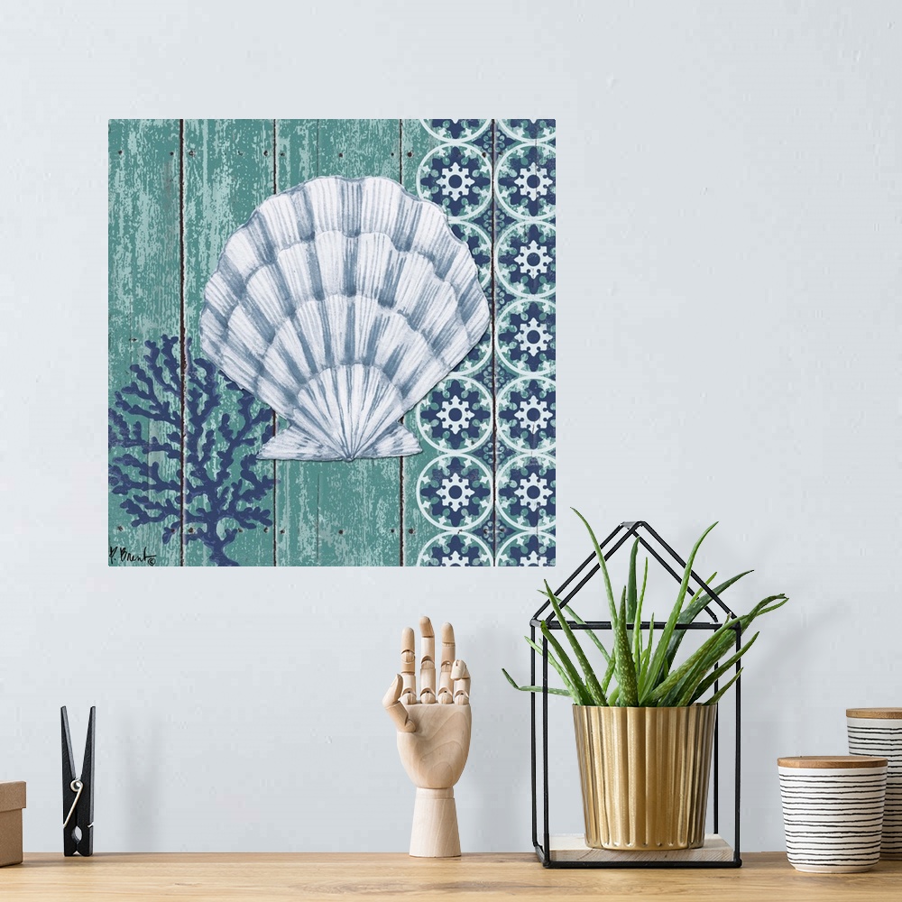 A bohemian room featuring Contemporary decorative artwork of a scallop shell with a coral element on a textured panel backg...