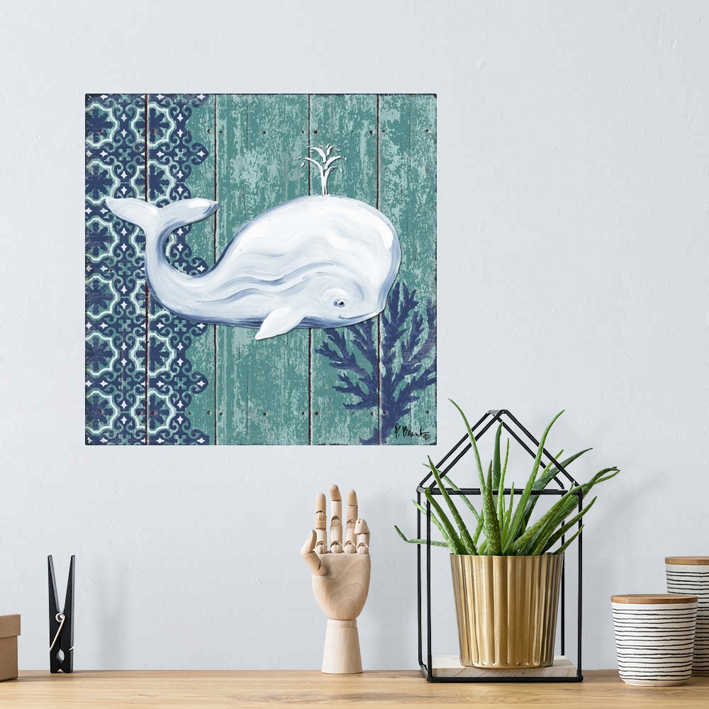 A bohemian room featuring Contemporary decorative artwork of a whale with a floral pattern on a textured panel background.