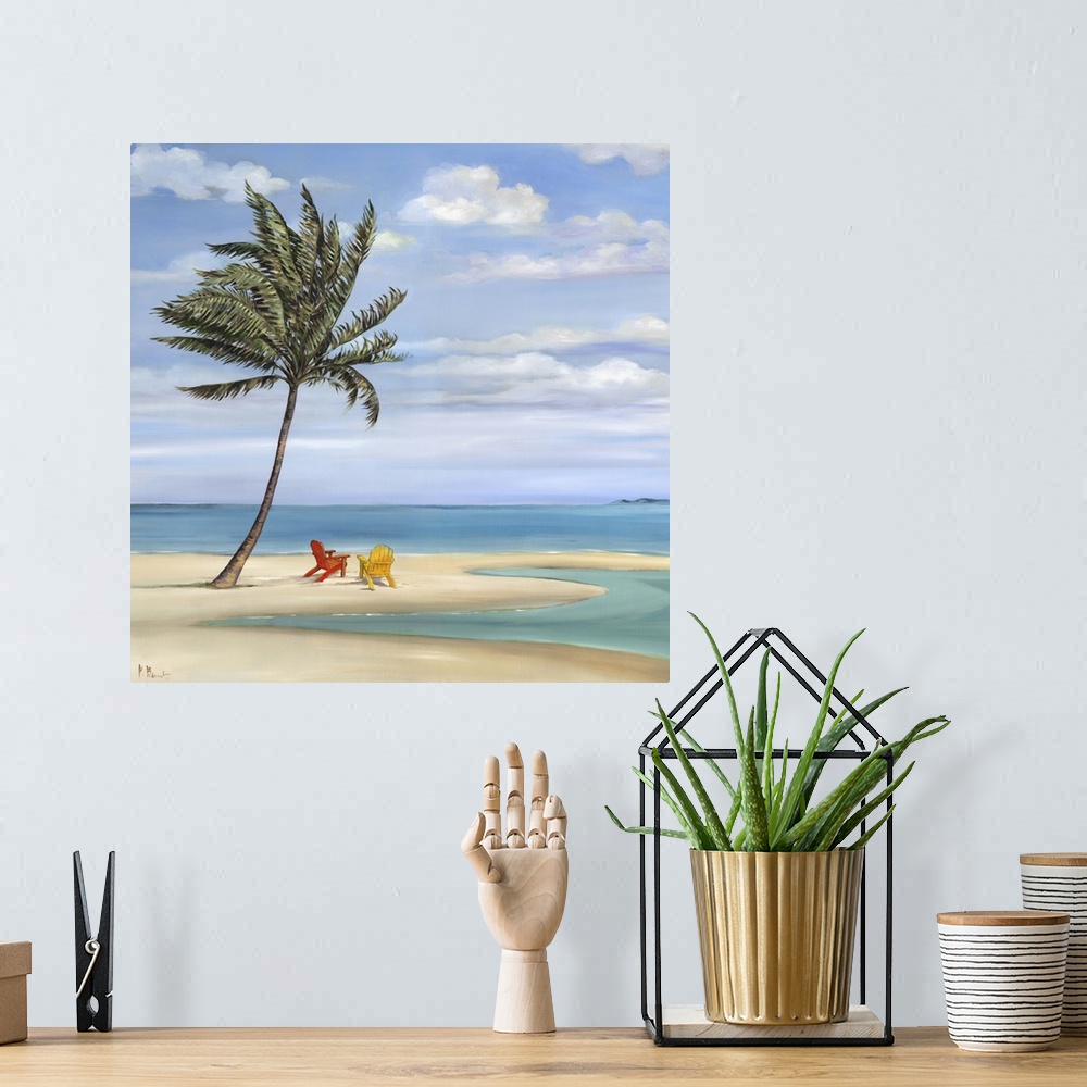 A bohemian room featuring Contemporary painting of a palm tree on a sandy beach with two beach chairs.