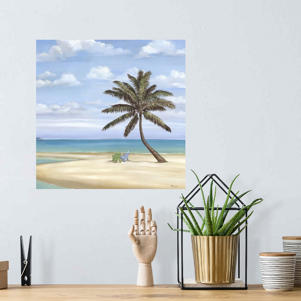 A bohemian room featuring Contemporary painting of a palm tree on a sandy beach with two beach chairs.