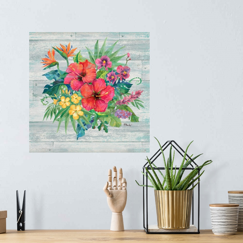 A bohemian room featuring Square decor with watercolor painted tropical flowers and leaves on a faux wood background.