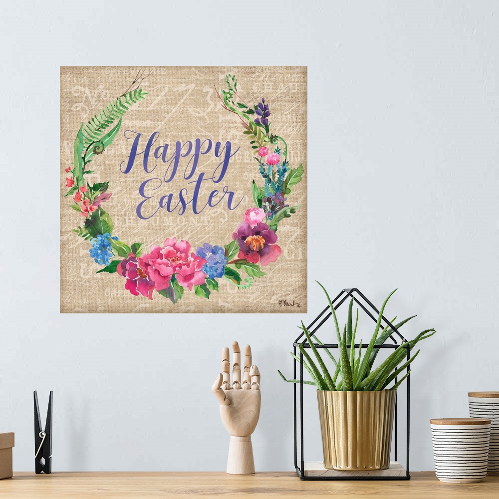 A bohemian room featuring "Happy Easter" written in the center of a Spring floral wreath