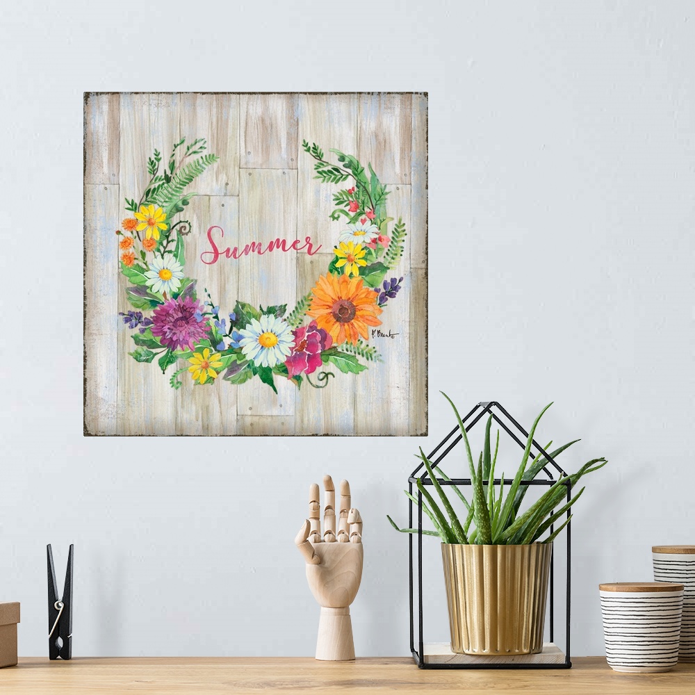A bohemian room featuring Square decor with a wreath made of Summer flowers and greens on a faux wood background with "Summ...