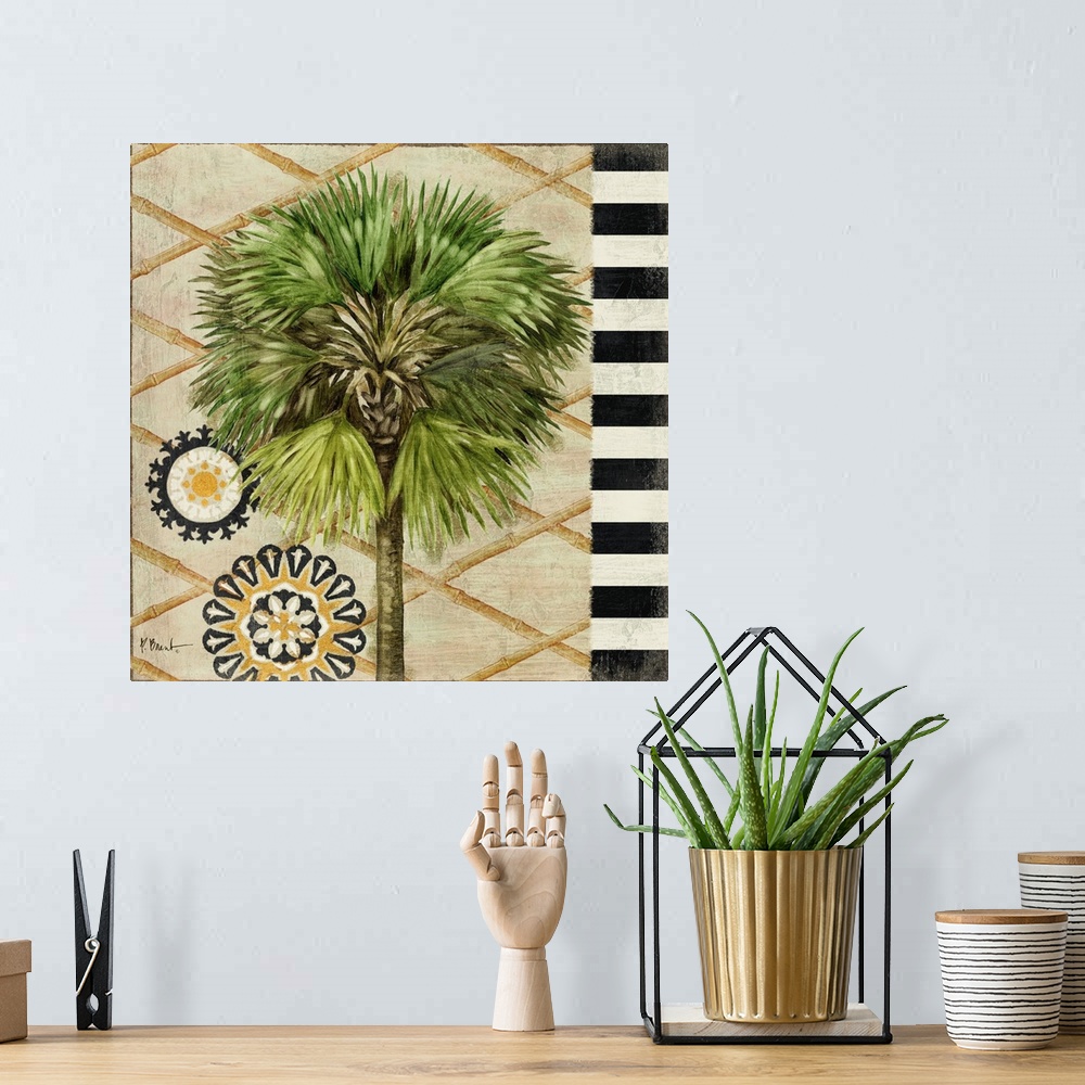 A bohemian room featuring Painting of a palm tree with long fronds with black and white stripes and a gold pattern.