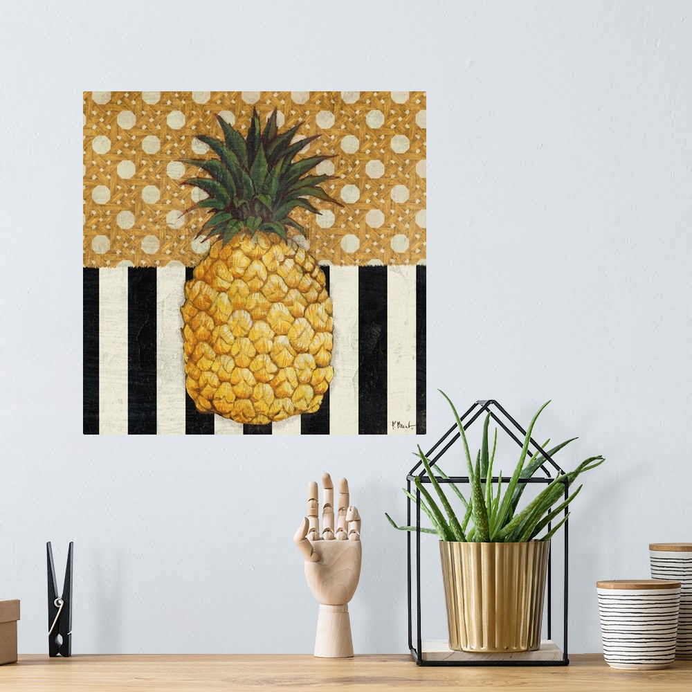 A bohemian room featuring A pineapple on classic black and white stripes and a golden design.
