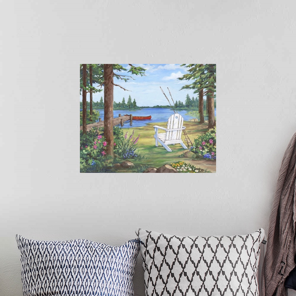 A bohemian room featuring Contemporary painting of a lake with an adirondack chair, pier, fishing poles, and trees.