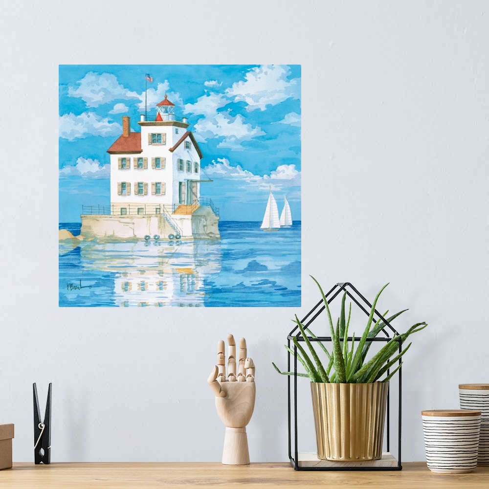 A bohemian room featuring Contemporary painting of a lighthouse reflected in Lake Erie.