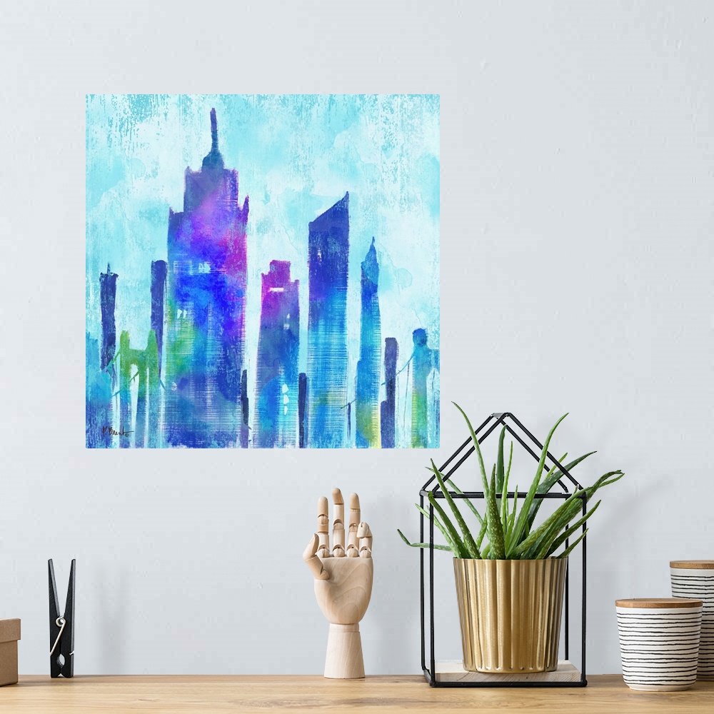 A bohemian room featuring Watercolor skyline of buildings in New York city in blue and purple tones.