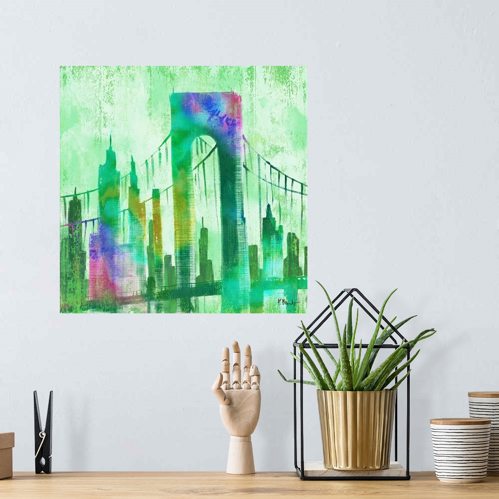 A bohemian room featuring Watercolor skyline of buildings and the Brooklyn Bridge in New York city in green and purple tones.