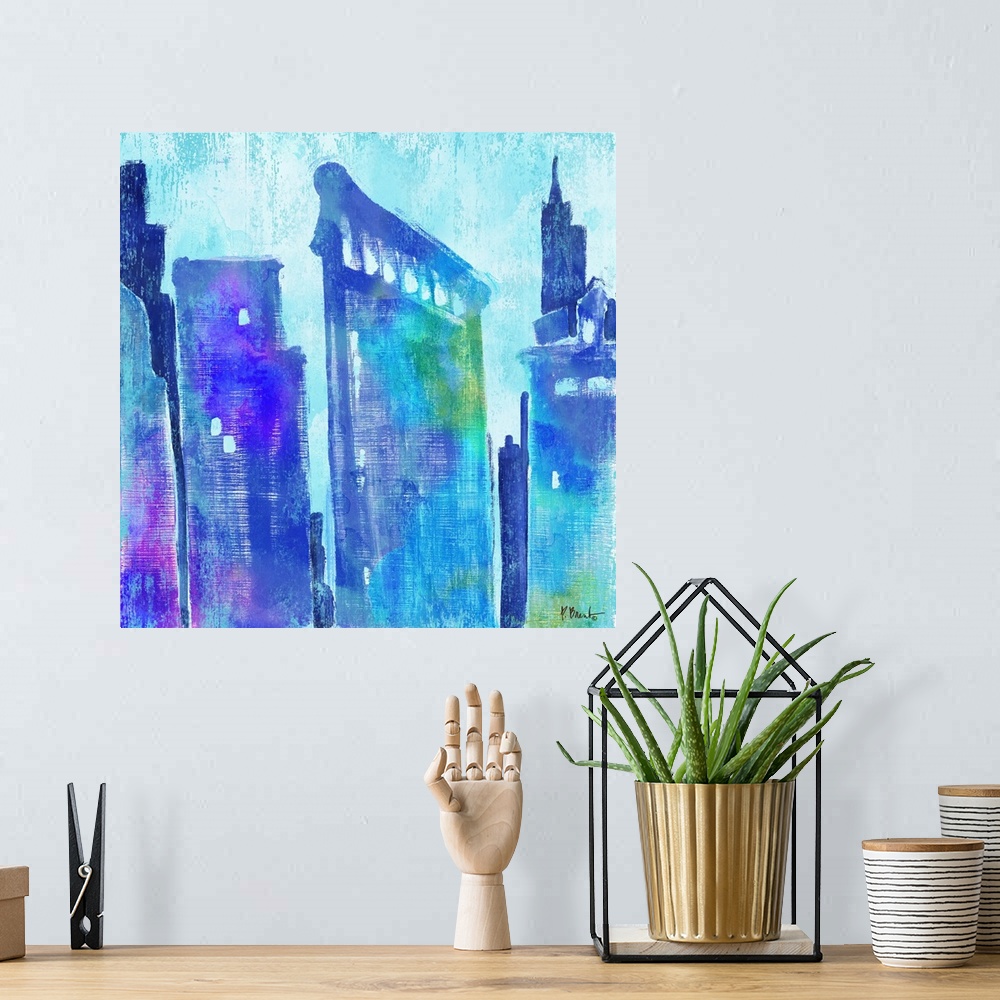 A bohemian room featuring Watercolor skyline of the Flatiron Building in New York city in blue and purple tones.
