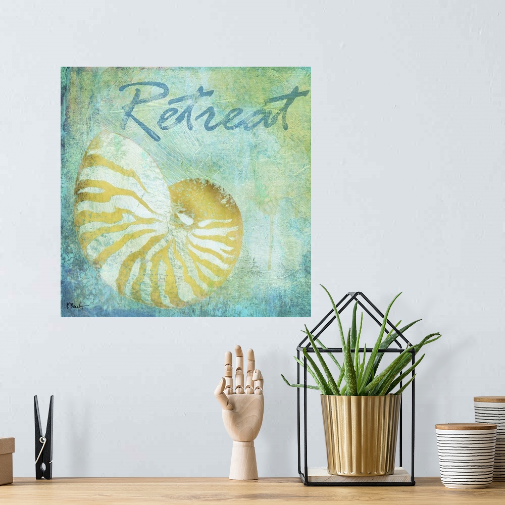 A bohemian room featuring Cool-toned artwork with a nautilus shell print on a textured background and the text Retreat.