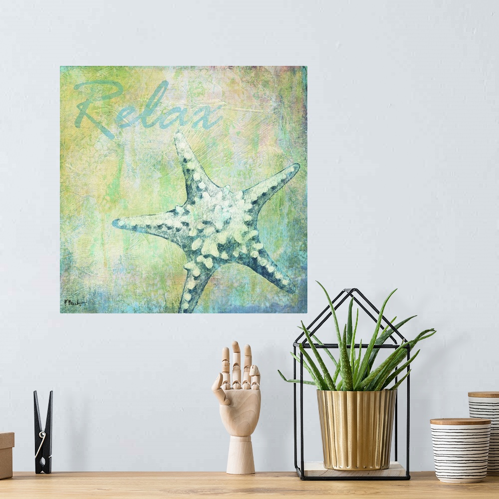 A bohemian room featuring Cool-toned artwork with a starfish print on a textured background and the text Relax.