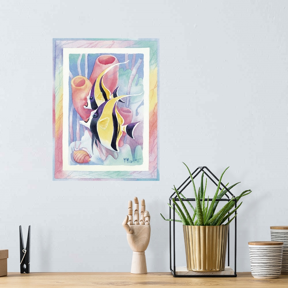 A bohemian room featuring Watercolor painting of two angelfish swimming near tube coral, done in pastel colors.