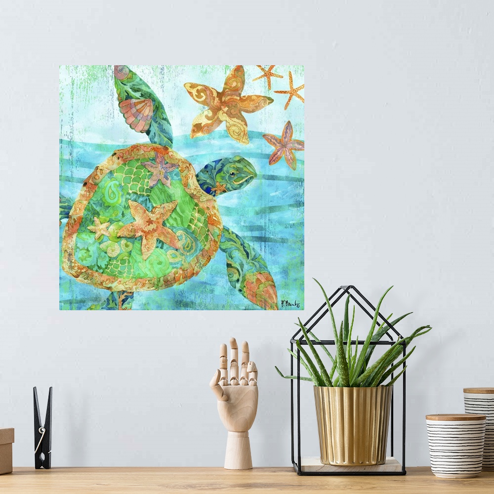 A bohemian room featuring Square watercolor painting of a sea turtle and starfish in the ocean with detailed patterns in bl...