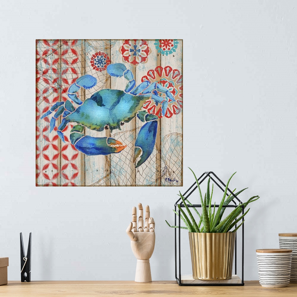 A bohemian room featuring Decorative artwork of a blue crab on a faux wooden board background.