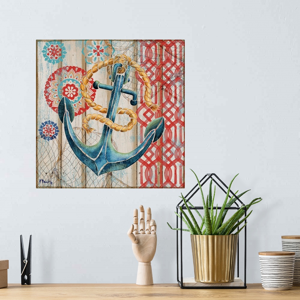 A bohemian room featuring Decorative artwork of an anchor on a faux wooden board background.