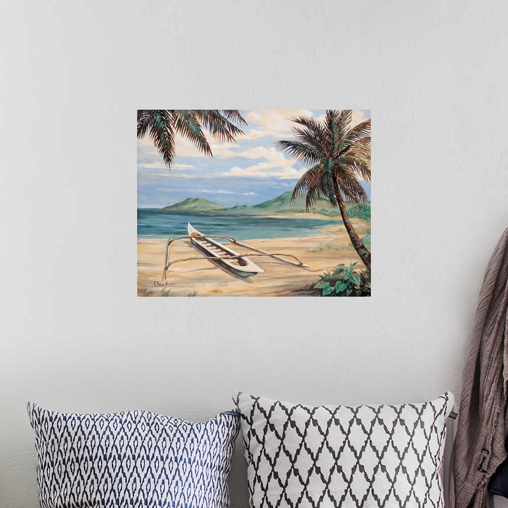 A bohemian room featuring Contemporary painting of palm trees overlooking the beach with an outrigger canoe.