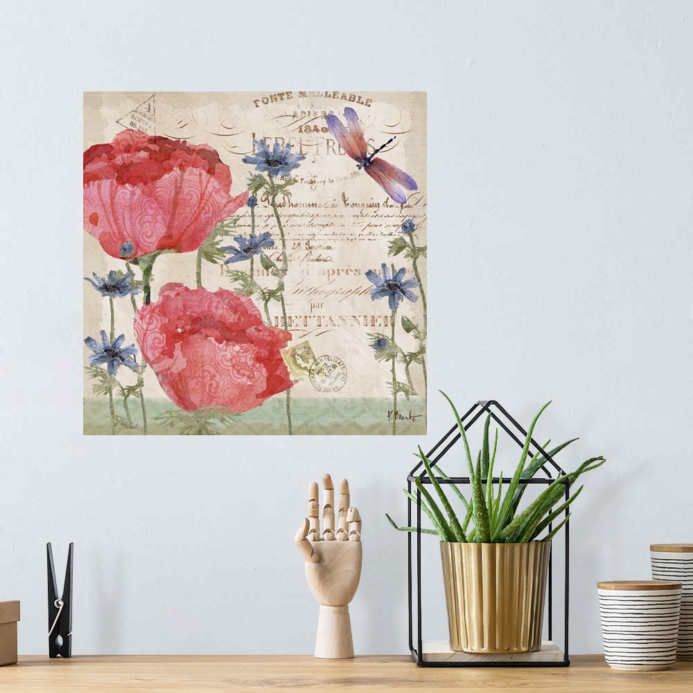 A bohemian room featuring Decorative mixed media panel featuring two peony blooms, a vintage letter, and a dragonfly.