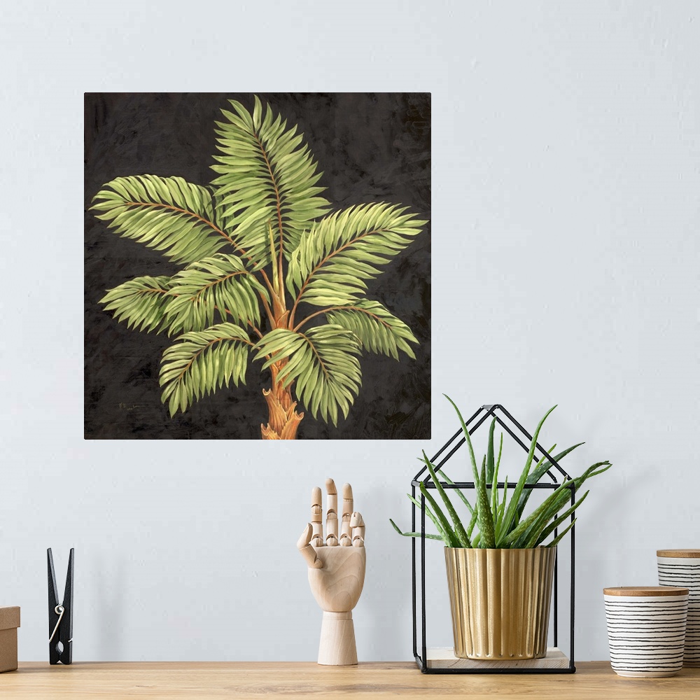 A bohemian room featuring Painting of the top of a palm tree with leafy fronds.