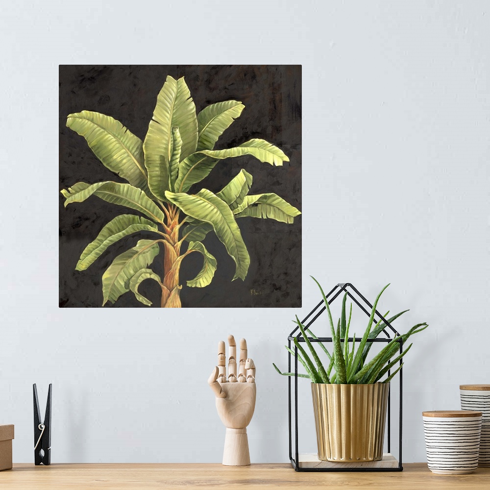 A bohemian room featuring Painting of the top of a palm tree with broad fronds.