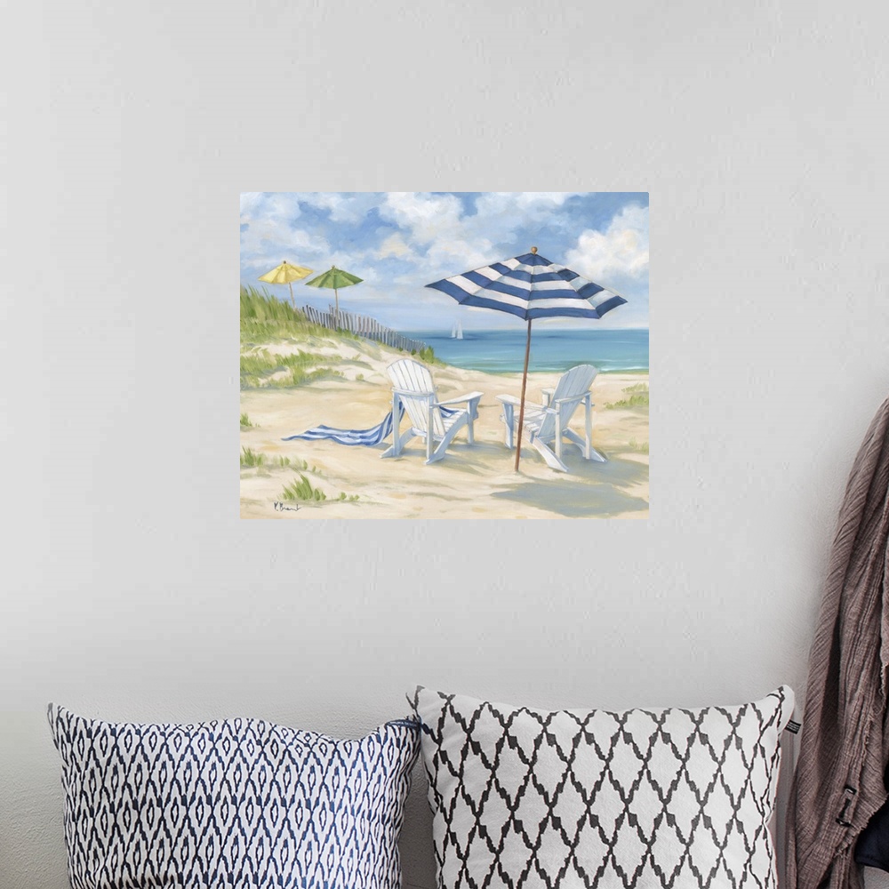A bohemian room featuring Painting of two beach chairs under a sun umbrella.
