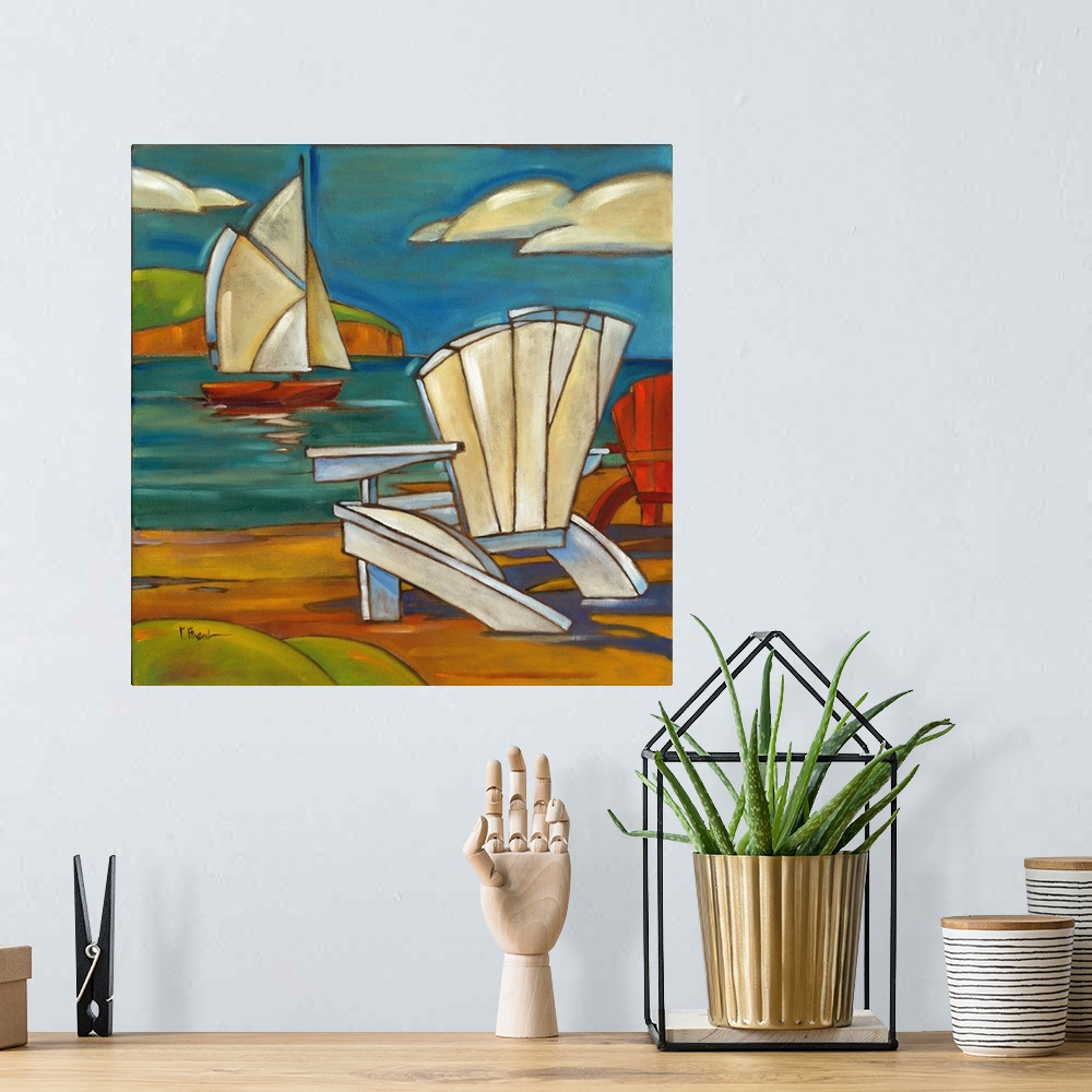 A bohemian room featuring Stylized painting of a beach with a sailboat and an adirondack chair.