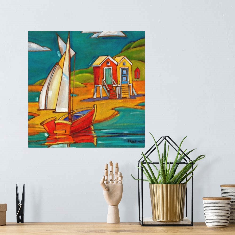 A bohemian room featuring Stylized painting of a beach with a sailboat and two beach huts.