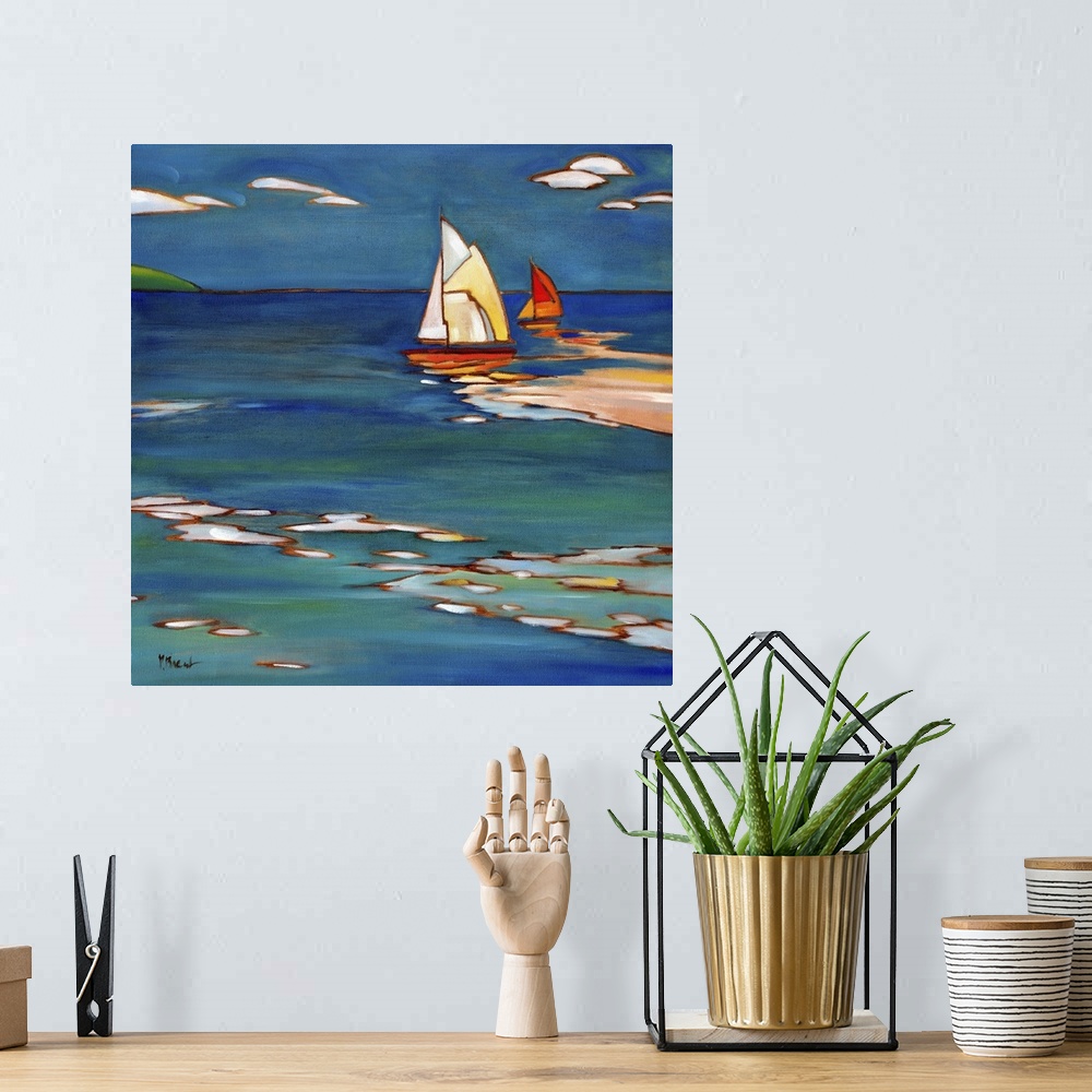 A bohemian room featuring Stylized painting of a beach with two sailboats and their reflections.