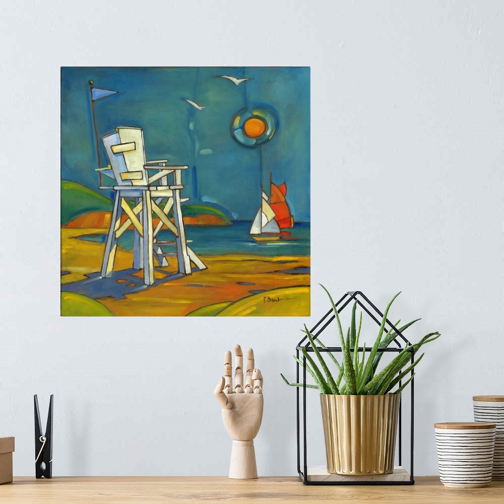 A bohemian room featuring Stylized painting of a beach with sailboats and a lifeguard stand.