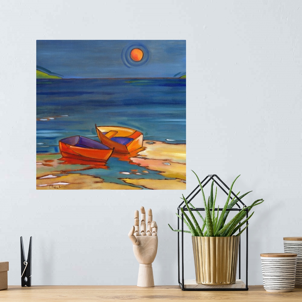 A bohemian room featuring Stylized painting of a beach with two small boats on the shore under the sun.