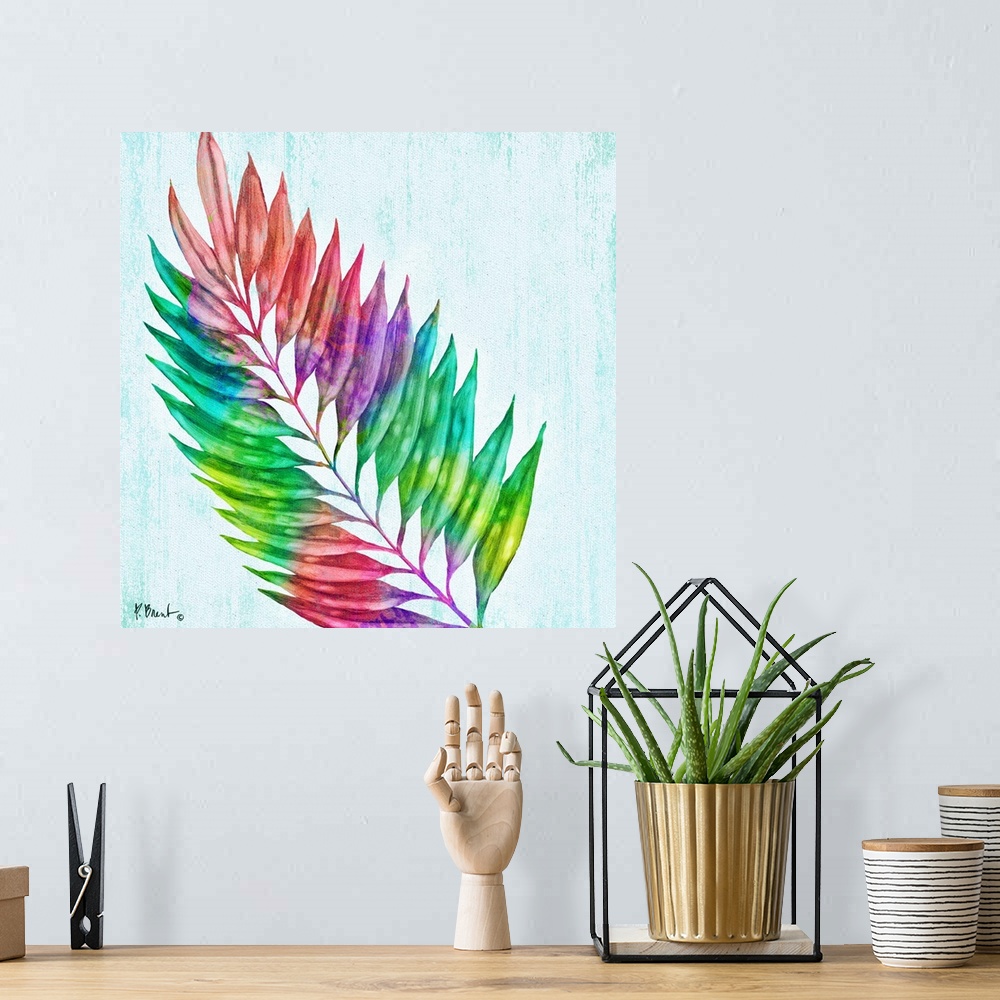A bohemian room featuring Square decor with a multi-colored palm branch on a white textured background with hints of turquo...