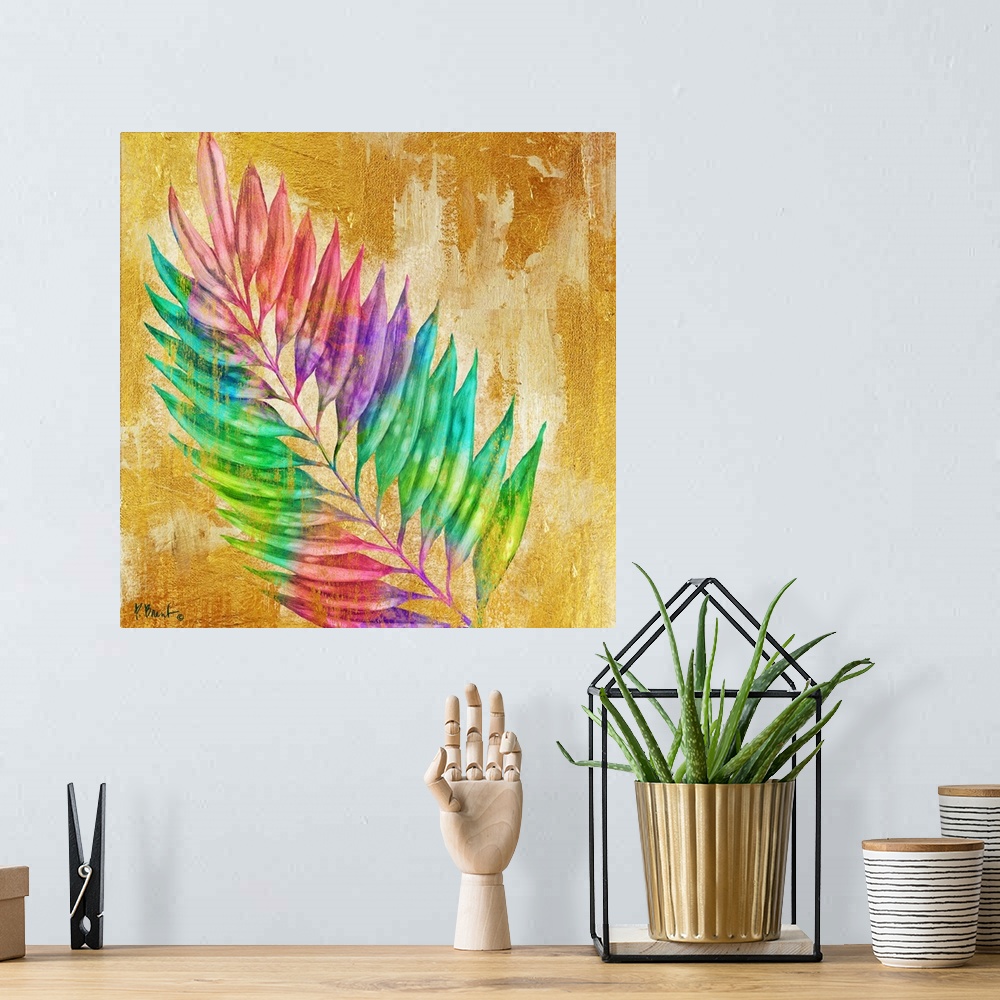A bohemian room featuring Square decor with a multi-colored palm branch on a gold textured background.