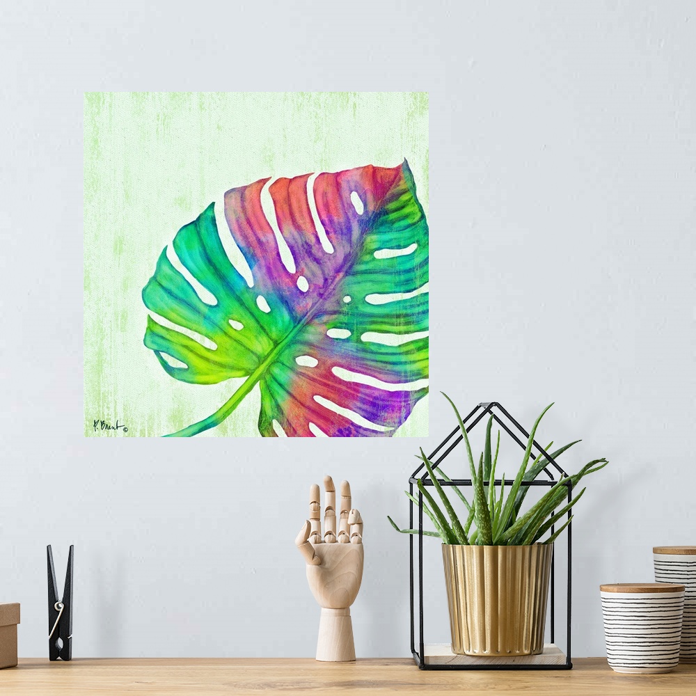 A bohemian room featuring Square decor with a multi-colored palm leaf on a white textured background with hints of green.