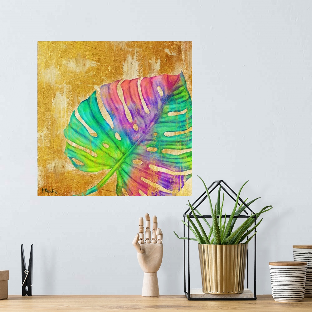 A bohemian room featuring Square decor with a multi-colored palm leaf on a gold textured background