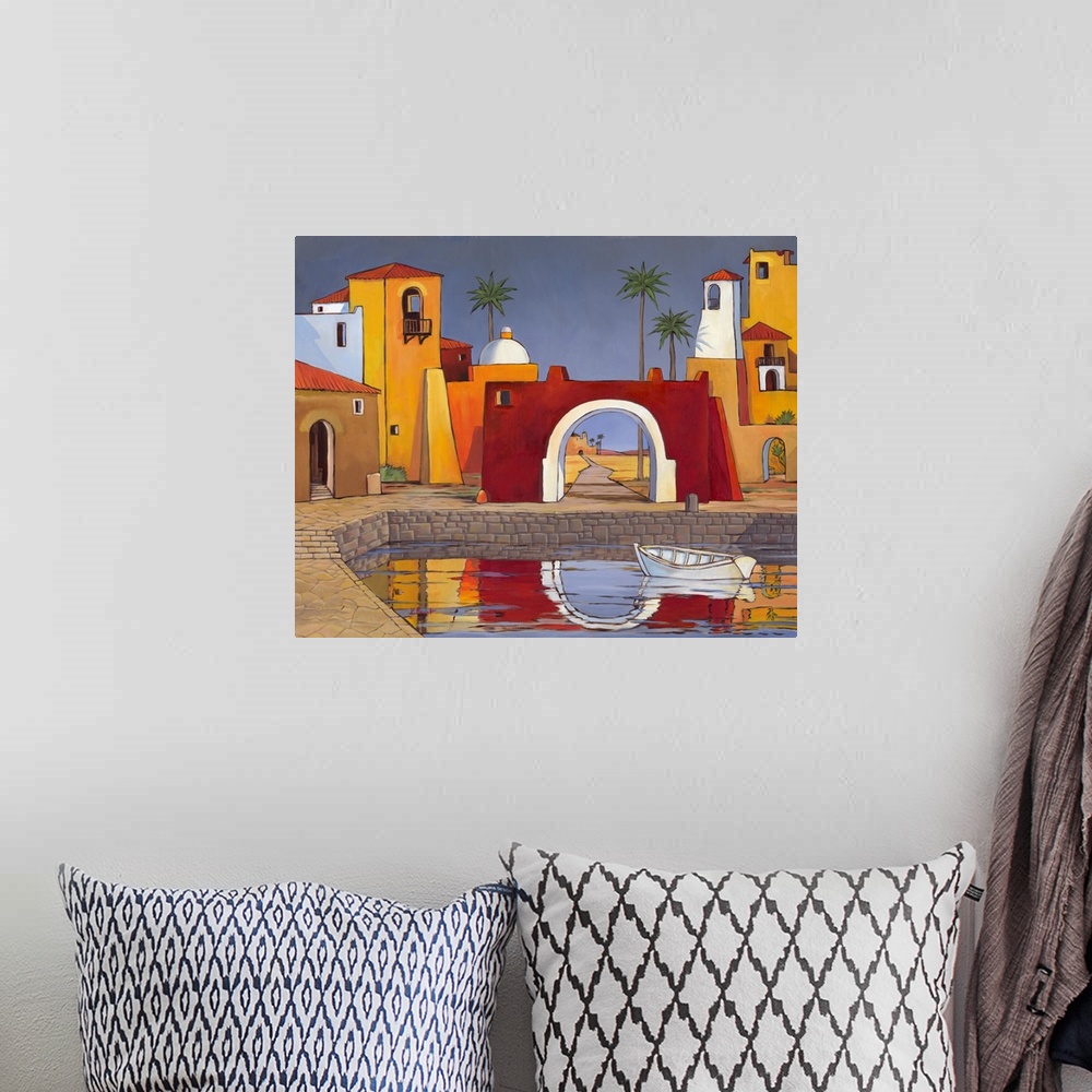 A bohemian room featuring Contemporary painting of a scene in Puerto del Mar with adobe buildings and a large archway.