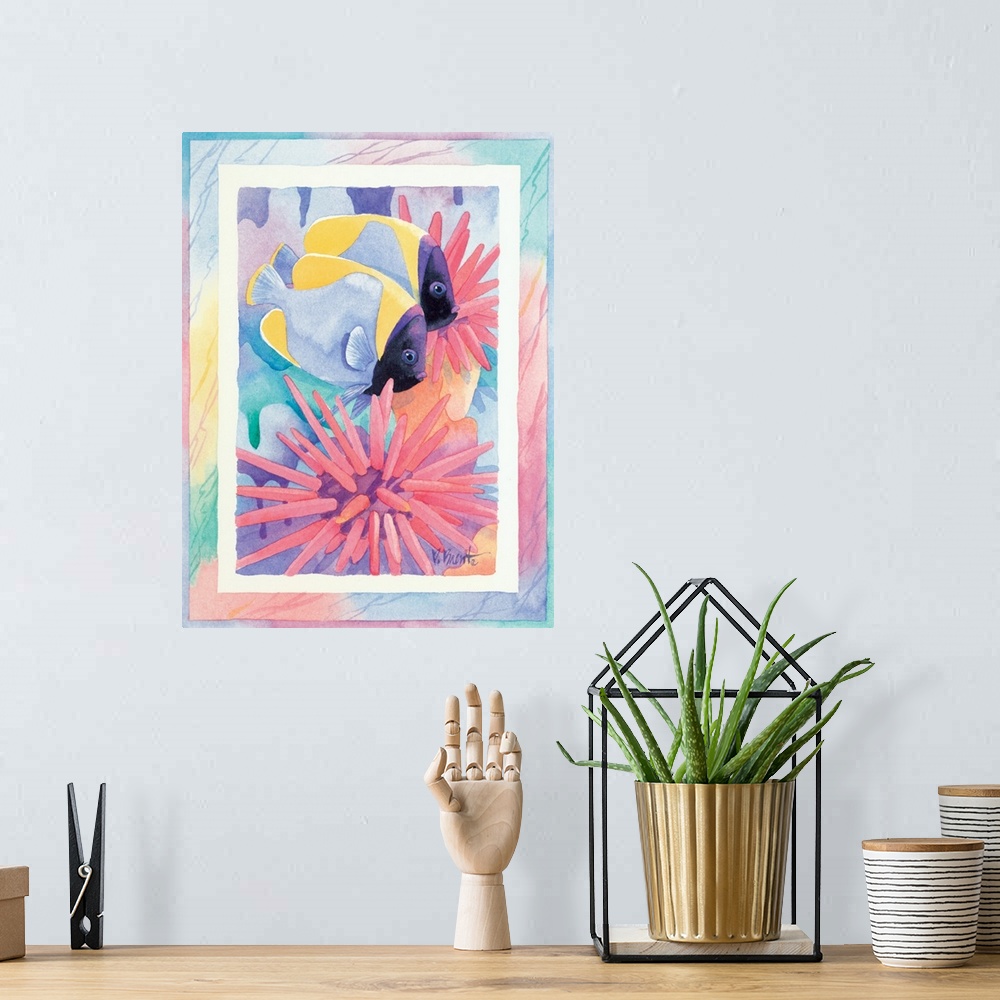 A bohemian room featuring Watercolor painting of two fish swimming near sea urchins, done in pastel colors.