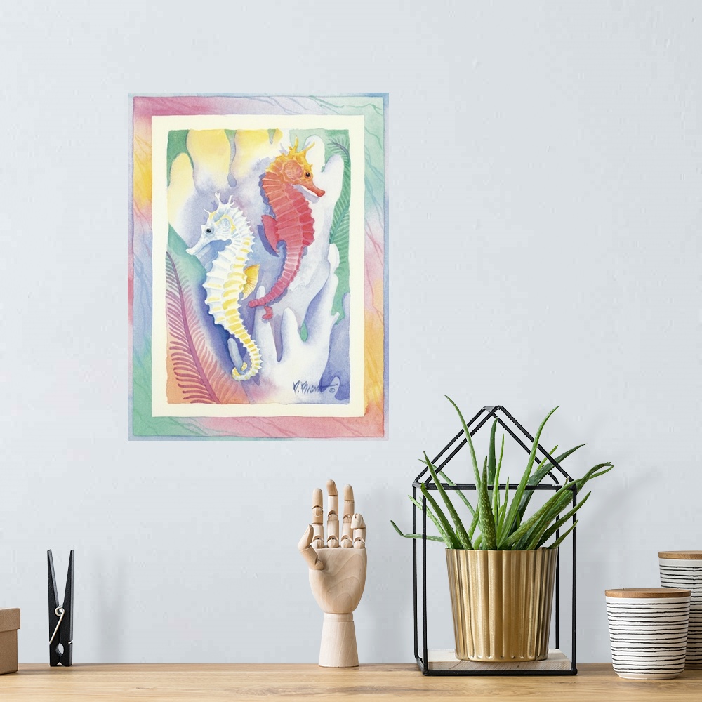 A bohemian room featuring Watercolor painting of two seahorses swimming near coral, done in pastel colors.