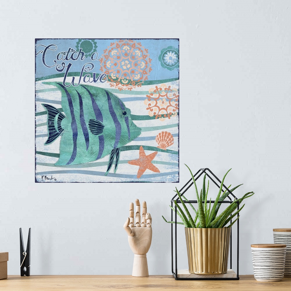 A bohemian room featuring Contemporary decorative artwork of a tropical fish on a stylized wave background with sea life el...
