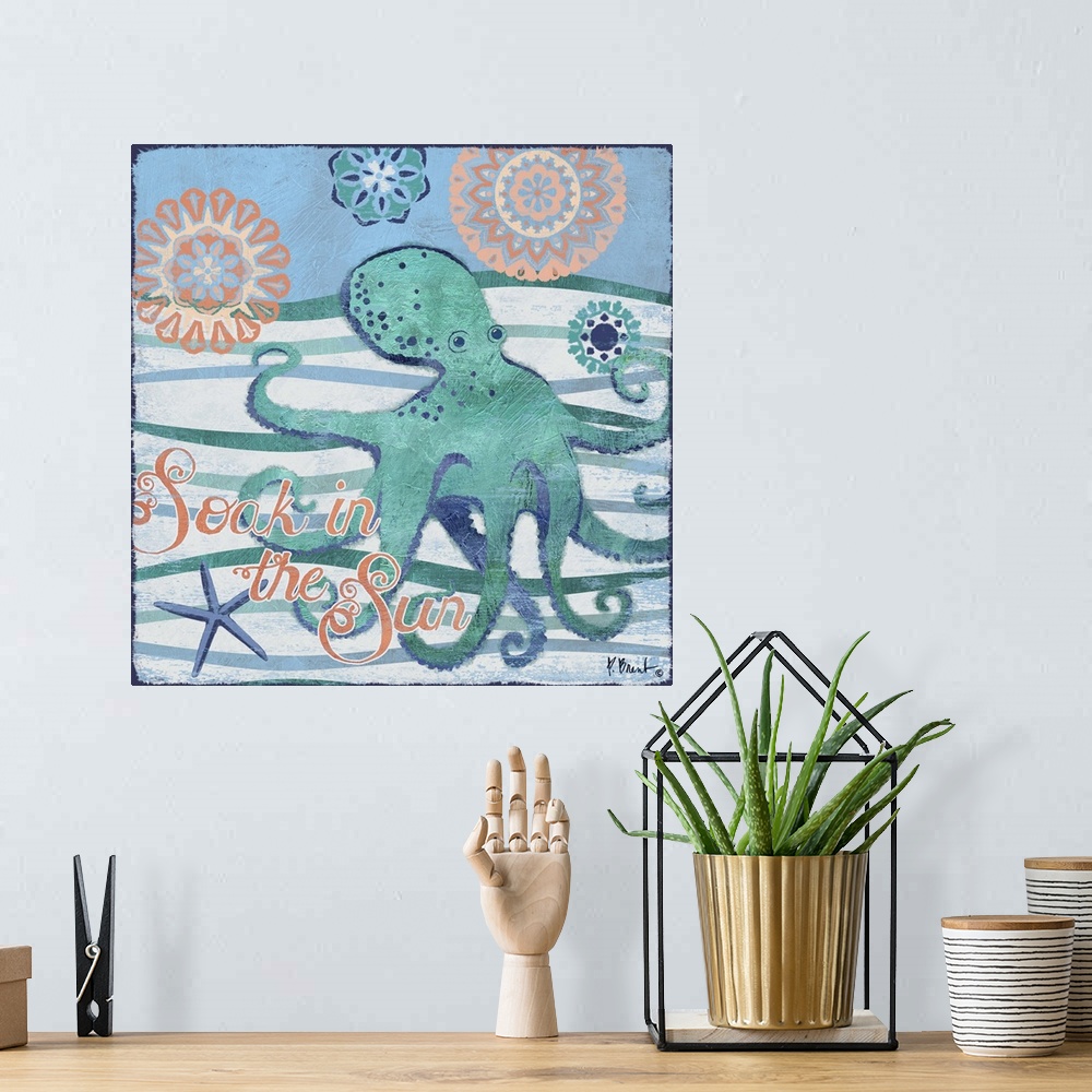A bohemian room featuring Contemporary decorative artwork of an octopus on a stylized wave background with sea life elements.