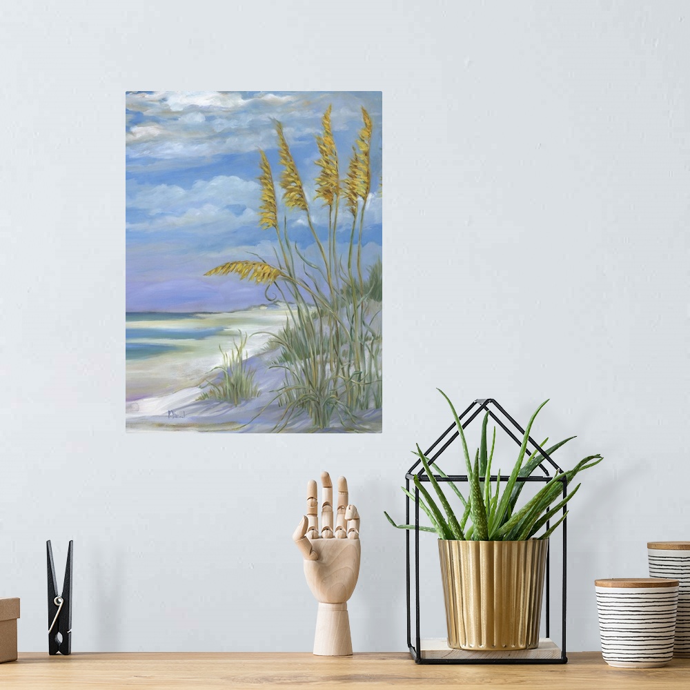 A bohemian room featuring Contemporary painting of tall beach grasses with fluffy seed heads on a sand dune.