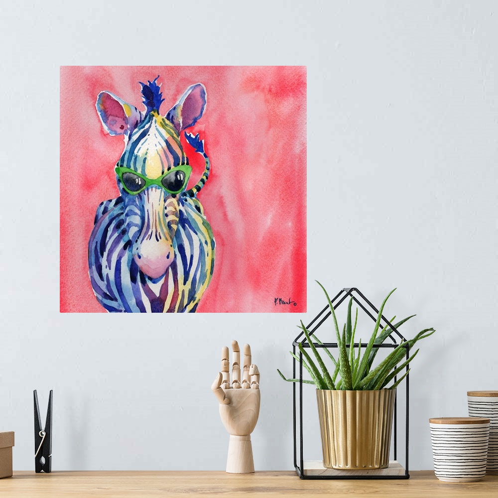 A bohemian room featuring Square watercolor painting of a zebra wearing green sunglasses on a pink background.