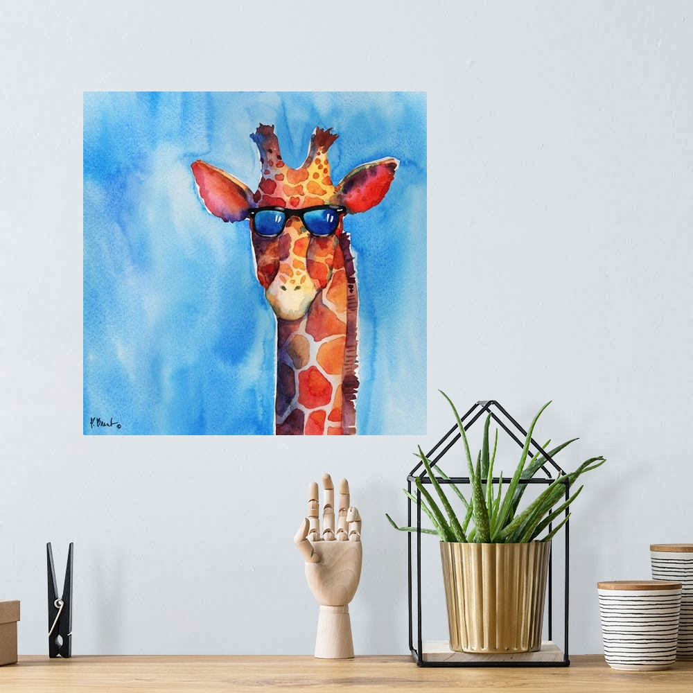 A bohemian room featuring Square watercolor painting of a giraffe wearing sunglasses on a blue background.